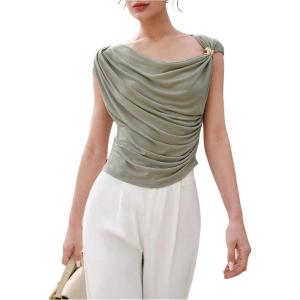 image:imageMakeMeChic Womens Asymmetrical Neck Tee Shirt Draped Front Ruched Cap Sleeve TopGrey