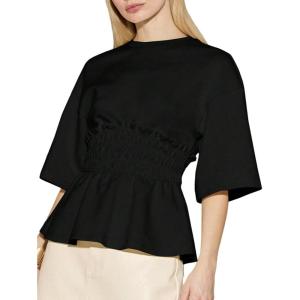 image:imageMakeMeChic Womens Babydoll Fall Tops Crew Neck Half Sleeve Blouse Shirts Ruffle Hem Going Out TopsBlack