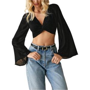 image:imageMakeMeChic Womens Bell Sleeve Crop Tops V Neck Twist Front Blouse Party Y2k Going Out TopBlack