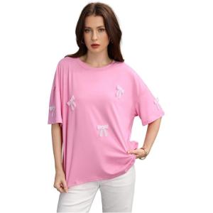 image:imageMakeMeChic Womens Bow Crew Neck T Shirt Short Sleeve Oversized Y2k Tee Tops StreetwearPink