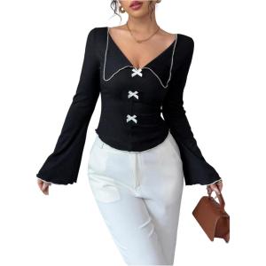 image:imageMakeMeChic Womens Bow V Neck T Shirt Collared Lettuce Trim Long Sleeve Going Out Crop TopsBlack