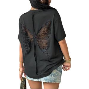 image:imageMakeMeChic Womens Butterfly Hollow Out T Shirt Short Sleeve Crew Neck Summer Tee TopBlack