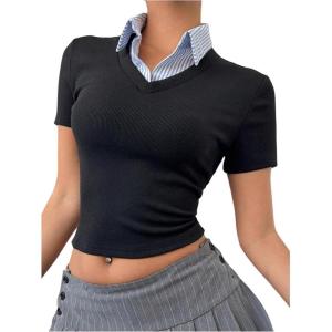 image:imageMakeMeChic Womens Collar Short Sleeve Crop Tops Y2K 2 in 1 Summer Office Tee ShirtBlack