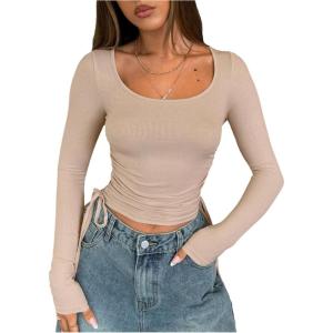 image:imageMakeMeChic Womens Crop Tops Scoop Neck Ruched Tie Side Drawstring Knit Y2k T Shirt Fall ClothesApricot