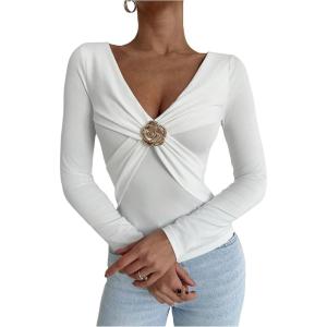 image:imageMakeMeChic Womens Deep V Neck Tee Tops Metal Floral Ruched Long Sleeve Work Office T ShirtWhite