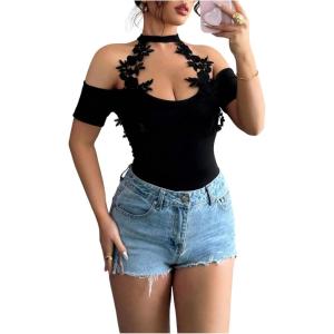 image:imageMakeMeChic Womens Elegant Floral Halter Neck T Shirt Cold Shoulder Short Sleeve Fitted Tee TopsBlack