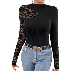 image:imageMakeMeChic Womens Floral Lace Long Sleeve Mock Neck Rib Knitted Asymmetrical Tee Shirt TopsBlack