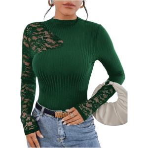 image:imageMakeMeChic Womens Floral Lace Long Sleeve Mock Neck Rib Knitted Asymmetrical Tee Shirt TopsDark Green