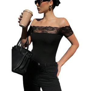 image:imageMakeMeChic Womens Floral Lace Off The Shoulder Crop Tops Short Sleeve Going Out T ShirtBlack
