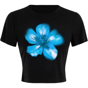 image:imageMakeMeChic Womens Floral Print Short Sleeve Tee Shirts Crew Neck Summer Crop TopsBlack and Blue