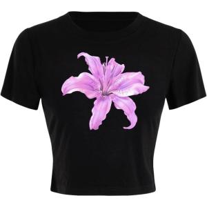 image:imageMakeMeChic Womens Floral Print Short Sleeve Tee Shirts Crew Neck Summer Crop TopsBlack and Pink
