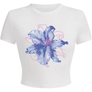 image:imageMakeMeChic Womens Floral Print Short Sleeve Tee Shirts Crew Neck Summer Crop TopsWhite and Blue