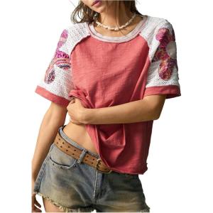 image:imageMakeMeChic Womens Floral Tee Top Crew Neck Short Sleeve Color Block Loose Summer T ShirtRed and White