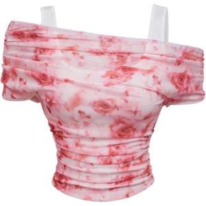 image:imageMakeMeChic Womens Floral Tie Dye Tee Cold Shoulder Ruched Short Sleeve Crop TopsPink