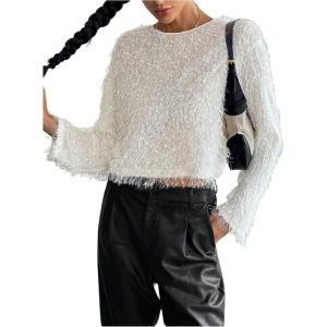 image:imageMakeMeChic Womens Fuzzy Crew Neck T Shirt Long Sleeve Going Out Crop TopsWhite