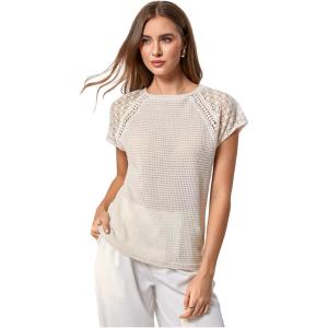 image:imageMakeMeChic Womens Going Out Contrast Lace Crew Neck Tee Tops Textured Short Sleeve T ShirtApricot
