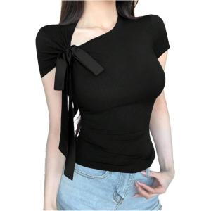 image:imageMakeMeChic Womens Knit Cap Sleeve Tops Mock Neck Shirts Slim Fitted Going Out Tees Y2k Clothes 2025Black