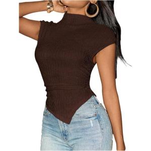 image:imageMakeMeChic Womens Knit Cap Sleeve Tops Mock Neck Shirts Slim Fitted Going Out Tees Y2k Clothes 2025Brown