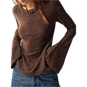 image:imageMakeMeChic Womens Lace Bell Sleeve T Shirt Crew Neck Textured Vintage Tee TopsBrown