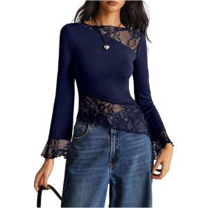 image:imageMakeMeChic Womens Lace Bell Sleeve Tops Asymmetrical Shirts Business Casual Outfit BlousesBlue