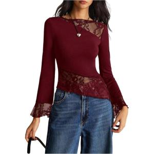 image:imageMakeMeChic Womens Lace Bell Sleeve Tops Asymmetrical Shirts Business Casual Outfit BlousesBurgundy