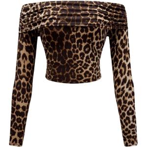image:imageMakeMeChic Womens Leopard Off Shoulder Crop Top Ruched Long Sleeve Y2K Tee Shirt TopsBrown