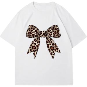 image:imageMakeMeChic Womens Leopard Print Bow T Shirt Crew Beck Short Sleeve Y2k Tee TopsWhite