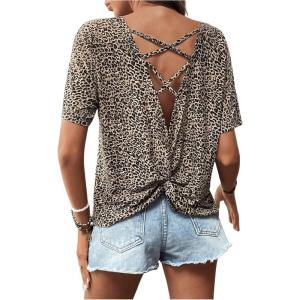 image:imageMakeMeChic Womens Leopard Print T Shirt Criss Cross Crew Neck Twist Short Sleeve Summer Tee TopMulticolor
