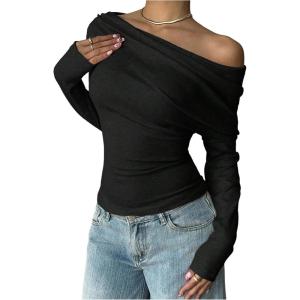image:imageMakeMeChic Womens Long Sleeve Off The Shoulder Tops Going Out Asymmetrical Tops Y2kT ShirtBlack