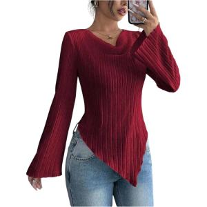 image:imageMakeMeChic Womens Long Sleeve Tops Y2k Casual Fall Sweater Off Shoulder Asymmetrical Knit Fitted ShirtsBurgundy