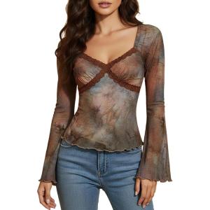 image:imageMakeMeChic Womens Mesh Lace Tops V Neck Long Sleeve Shirts Trim Y2k Going Out Party Tee ShirtsMulticolor
