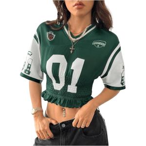 image:imageMakeMeChic Womens Number Graphic V Neck Jersey Shirts Short Sleeve Shirred Ruffle Streetwear Tee Crop TopsGreen