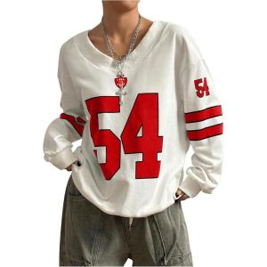 image:imageMakeMeChic Womens Number Print Oversized Sweatshirt V Neck Stripe Long Sleeve Y2k Pullovers TopRed