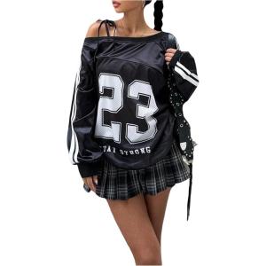 image:imageMakeMeChic Womens Off The Shoulder Jersey Shirt Number Print Long Sleeve Y2K Tee TopBlack