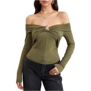 image:imageMakeMeChic Womens Off The Shoulder T Shirt Ring Ruched Long Sleeve Going Out Crop TopsOlive Green