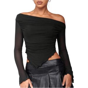 image:imageMakeMeChic Womens One Shoulder Ruched Asymmetrical Long Sleeve Y2K Tee Shirt Crop TopsBlack