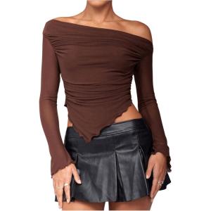 image:imageMakeMeChic Womens One Shoulder Ruched Asymmetrical Long Sleeve Y2K Tee Shirt Crop TopsCoffee Brown