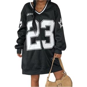 image:imageMakeMeChic Womens Oversized Jersey Dress Y2K Number Print V Neck Long Sleeve Pullover SweatshirtBlack