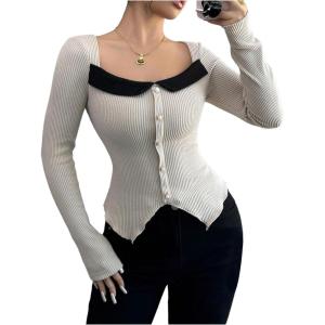 image:imageMakeMeChic Womens Square Neck Long Sleeve T Shirt Color Block Button Rib Knitted Tee TopsMulticolor
