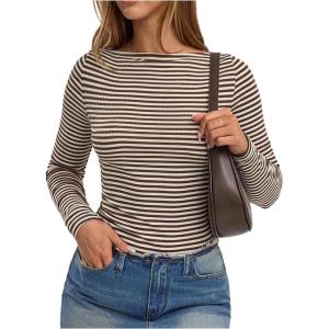 image:imageMakeMeChic Womens Striped Boat Neck T Shirt Long Sleeve Knit Going Out TopsBrown