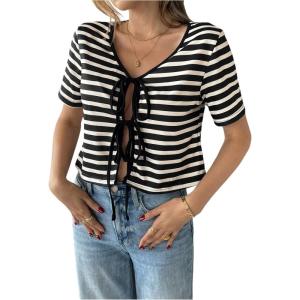 image:imageMakeMeChic Womens Striped Tee Shirt Short Sleeve Tie Front V Neck Summer Going Out Crop TopsBlack and White