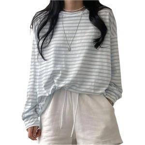 image:imageMakeMeChic Womens Striped Tops Long Sleeve Crew Neck Multi Ribbed Shirts Casual Pullover ShirtsBlue and White