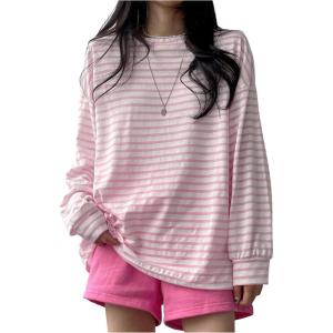image:imageMakeMeChic Womens Striped Tops Long Sleeve Crew Neck Multi Ribbed Shirts Casual Pullover ShirtsPink
