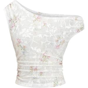 image:imageMakeMeChic Womens Summer Floral Lace Crop Tops Asymmetrical Neck Mesh Ruched T ShirtApricot