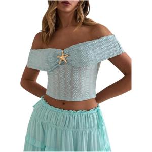 image:imageMakeMeChic Womens Summer Off The Shoulder Crop Tops Metal Decor Ruched Short Sleeve T ShirtBlue