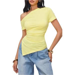 image:imageMakeMeChic Womens Summer Y2k Asymmetrical Neck Tee Tops Ruched Short Sleeve T ShirtYellow