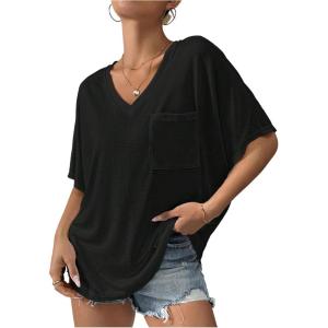 image:imageMakeMeChic Womens T Shirts 2025 Short Sleeve V Neck Shirt Basic Fit Summer Beach Casual Tee Tops with PocketBlack