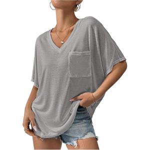 image:imageMakeMeChic Womens T Shirts 2025 Short Sleeve V Neck Shirt Basic Fit Summer Beach Casual Tee Tops with PocketGrey