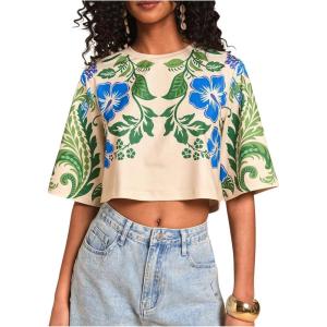 image:imageMakeMeChic Womens Tropical Print Tee Shirt Crew Neck Half Sleeve Summer Boho Crop TopsMulticolor