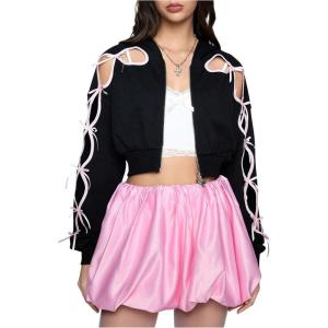 image:imageMakeMeChic Womens Y2K Hoodies Crop Tops Oversized Sweatshirt Bow Hollow Out Zip UpBlack